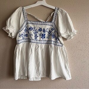 White & Blue Embroidered Boho Peasant Blouse Medium Cotton Greece Indie Hippie